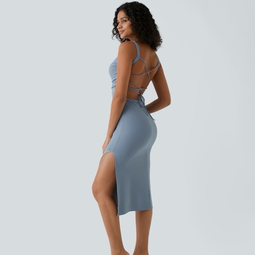 Halara Dusty Blue Backless Lace Up Split Bodycon Dress
